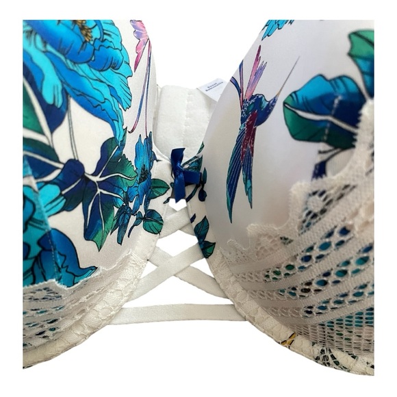 Cacique Boost Balconette White blue floral and lace underwire push up bra 44G - Picture 3 of 6